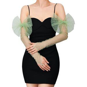 Women's Fingerless Sage Green Bow Polka Dot Lace Gloves Sheer Party Accessories